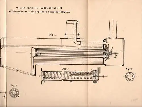 Original Patentschrift - Wilhelm Schmidt in Ballenstedt a.H. , 1896 , Heizröhrenkessel für Dampfmaschine !!!