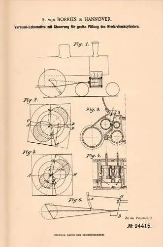 Original Patentschrift - A. von Borries in Hannover , 1896 , Verbund - Lokomotive , Dampfmaschine , Eisenbahn !!!