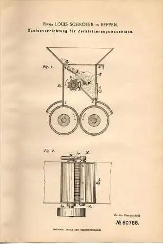 Original Patentschrift - Louis Schröter in Reppen / Rzepin , 1891 , Apparat für Zerkleinerungsmaschinen , Mühle !!!