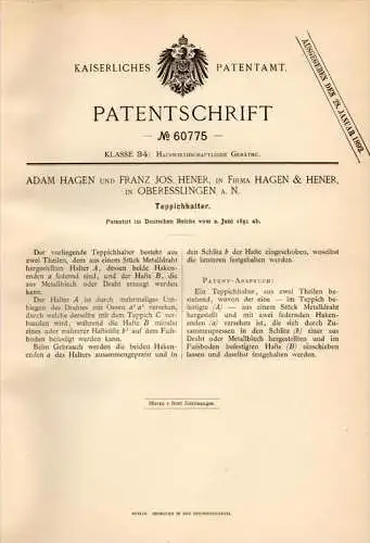 Original Patentschrift - Hagen & Hener in Oberesslingen a.N. , 1891 , Teppich - Halter , Esslingen !!!