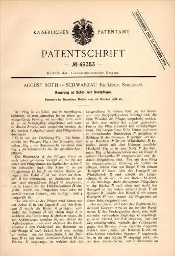 Original Patentschrift - A. Roth in Schwarzau / Czerniec b. Lüben / Lubin i. Schlesien , 1888 , Saatpflug , Agrar !!!