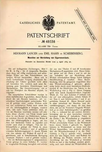 Original Patentschrift - H. Langer und E. Hahn in Scheibenberg i.S. 1889, Maschine zur Cigarren - Herstellung, Schlettau