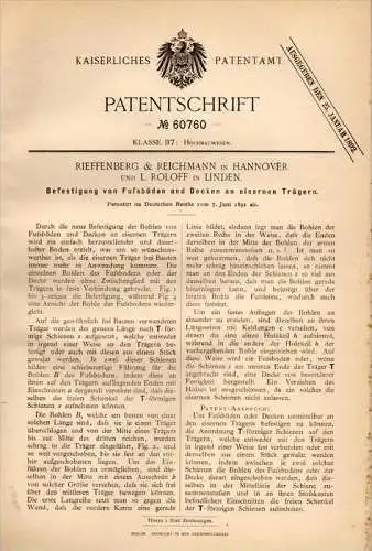 Original Patentschrift - Rieffenberg & Reichmann in Hannover und L. Roloff in Linden , 1891 , Fußboden , Hochbau !!!