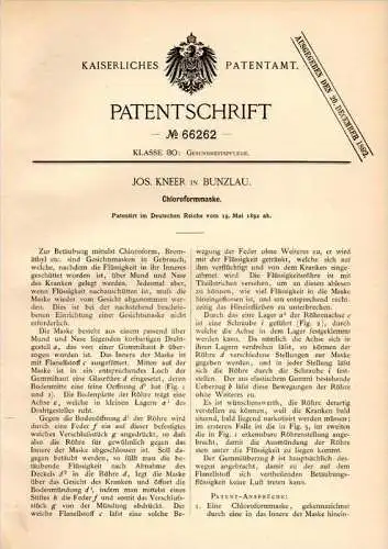 Original Patentschrift - Jos. Kneer in Bunzlau / Boleslawiec , 1892 , Chloroform - Maske , Gesichtsmaske , Arzt !!!