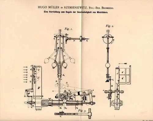 Original Patentschrift - H. Müller in Rzemieniewitz / Rzemieniewice , 1897 , Regelapparat für Windrad , Windräder !!!