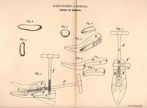 Original Patentschrift - J. Eckert in Namslau / Namyslów , 1898 , Aufweiter für Schuhe , Schuhmacher , Schuster !!!