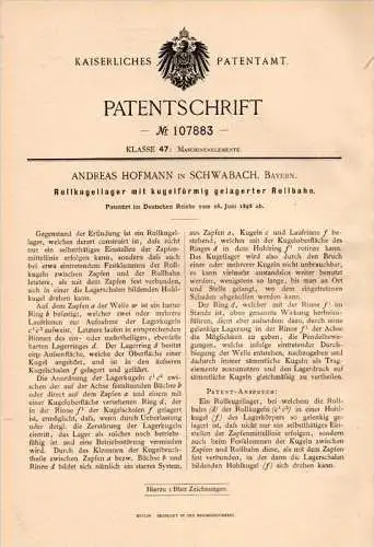 Original Patentschrift - A. Hofmann in Schwabach , 1898 , Roll - Kugellager , Maschinenbau !!!