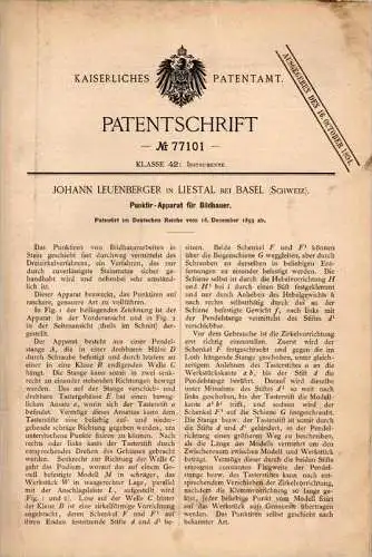 Original Patentschrift - J. Leuenberger in Liestal b. Basel , 1893 , Punktirapparat für Bildhauer , Kunst !!!