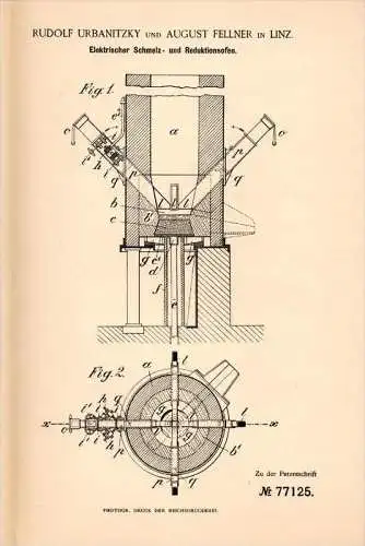 Original Patentschrift - R. Urbanitzky und A. Feller in Linz , 1893 , elektrischer Reduktionsofen , Eisenerz!!!