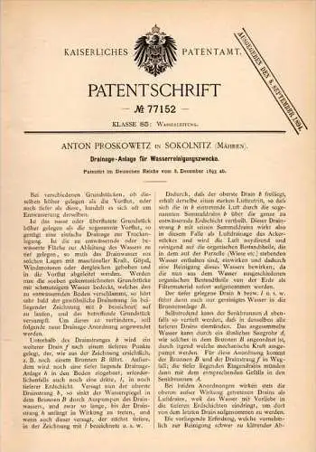 Original Patentschrift - A. Proskowetz in Sokolnitz / Sokolnice , 1893 , Drainage - Anlage für Wasserreinigung !!!