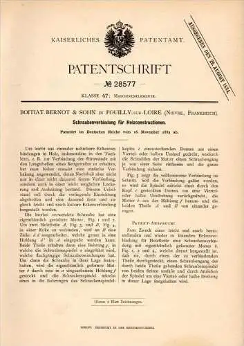 Original Patentschrift - Boitiat Bernot dans Pouilly sur Loire , 1883 , Vis pour construction en bois !!!