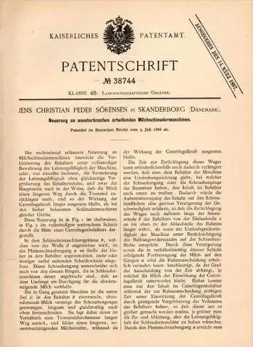 Original Patentschrift - Sörensen in Skanderborg , 1886, Milch - Schleudermaschine , Agrar , Landwirtschaft , Molkerei !