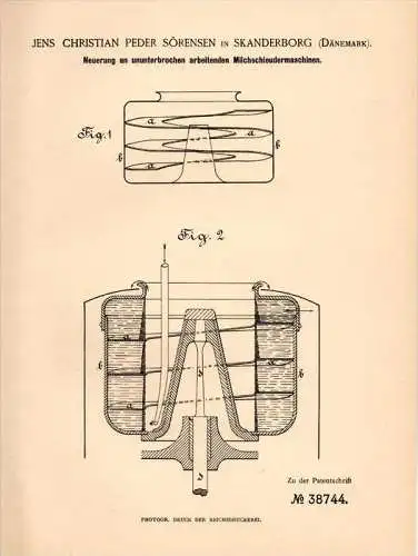 Original Patentschrift - Sörensen in Skanderborg , 1886, Milch - Schleudermaschine , Agrar , Landwirtschaft , Molkerei !