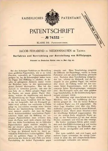 Original Patentschrift - J. Feirabend in Niedernhausen i. Taunus , 1893 , Herstellung von Riffelpappe , Pappier !!!