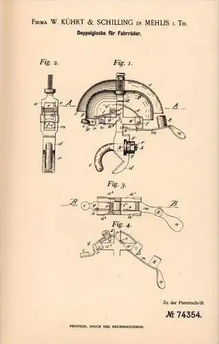 Original Patentschrift - Kührt & Schilling in Mehlis i. Th., 1892 , Doppelglocke für Fahrräder , Fahrrad , Zella !!!