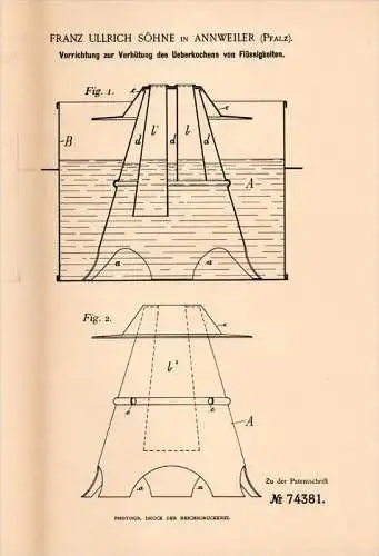 Original Patentschrift - F. Ullrich in Annweiler i. Pfalz , 1893 , Apparat gegen Überkochen , Milch , Küche !!!