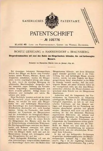 Original Patentschrift - M. Liesegang in Hammersdorf b.Gronowo , 1891 ,  Düngerstreumaschine , Agrar , Braunsberg !!!