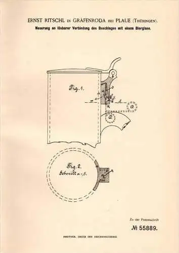 Original Patentschrift - E. Ritschl in Gräfenroda b. Plaue , 1890 , Beschlag für Bierglas , Kneipe , Bar , Bier !!!