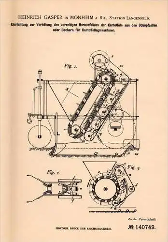 Original Patentschrift - H. Gasper in Monheim a.Rh., 1902 , Apparat für Kartoffel - Legemaschine , Langenfeld  !!!