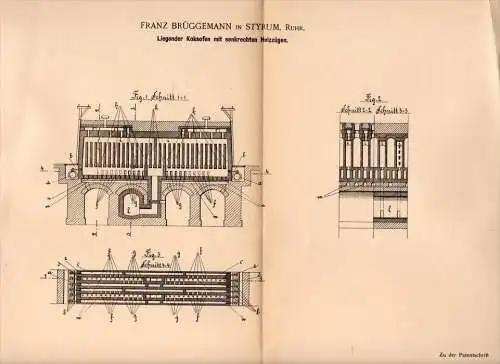 Original Patentschrift - F. Brüggemann in Styrum / Mülheim , Ruhr , 1901 , liegender Koksofen , Koks !!!