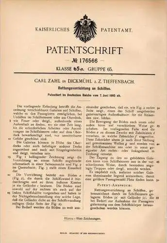 Original Patentschrift - Carl Zahl in Tieffenbach und Dickmühl , Kr. Naugard , 1905 , Rettungsapparat für Schiffe  !!!