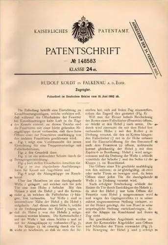 Original Patentschrift - R. Koldt in Falkenau / Sokolov , 1902 , Zugregler , Feuerung , Heizung , Ofen !!!