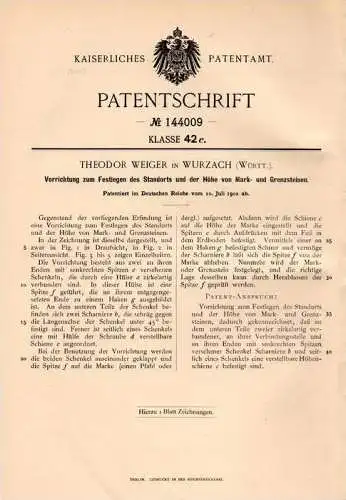 Original Patentschrift - T. Weiger in Wurzach , 1902 , Apparat für Grenzstein , Markstein , Bannstein , Abmarkung !!!