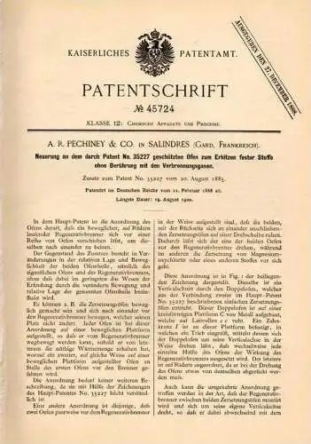 Original Patentschrift - A.R. Pechiney & Co à Salindres , Gard , 1888 ,Fours pour le chauffage des solides !!!