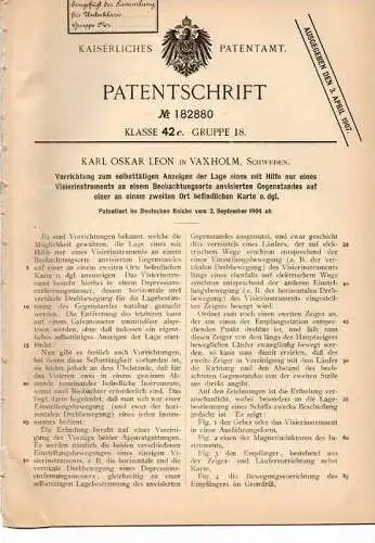 Original Patentschrift - K. Leon in Vaxholm , Schweden , 1904 , Apparat zum anvisieren von Gegenständen , Visier !!!