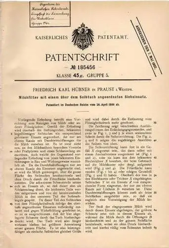 Original Patentschrift - F. Hübner in Praust i. Westpr. , Pruszcz Gdanski , 1906 , Milchfilter mit Siebeinsatz !!!