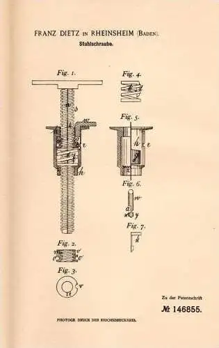 Original Patentschrift -  Franz Dietz in Rheinsheim b. Philippsburg , Baden , 1902 , Stuhl - Höhenverstellung !!!