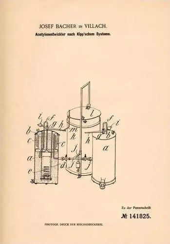 Original Patentschrift - Josef Bacher in Villach , 1902 , Acetylenentwickler !!!