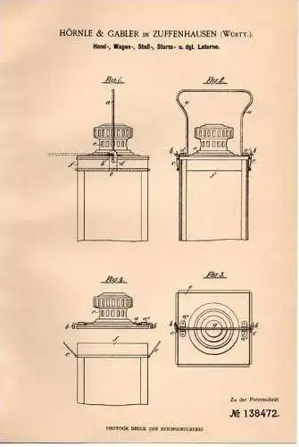 Original Patentschrift - Hörnle & Gabler in Zuffenhausen , Württ., 1902, Laterne für Wagen , Stall und Sturm , Stuttgart