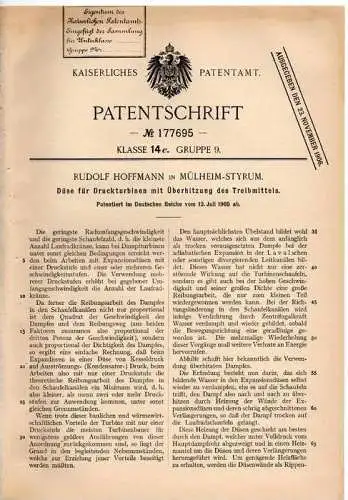 Original Patentschrift - R. Hoffmann in Mülheim - Styrum , 1905 , Düse für Druckturbinen , Turbine !!!