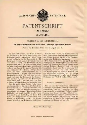 Original Patentschrift - Richter in Schneidemühl / Piła , 1901 , Schlaghammer , Hammer , Ramme !!!
