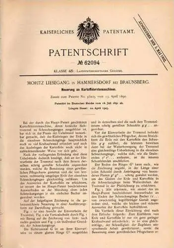 Original Patentschrift - M. Liesegang in Hammersdorf b. Braunsberg , 1891 , Kartoffel - Erntemaschine , Agrar , Gronowo