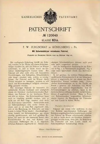 Original Patentschrift - F. Jurgschat in Königsberg i.Pr. , 1899 , schwimmendes Fahrrad  !!!