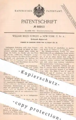 original Patent - William Miles Fowler , New York , USA , 1891 , Schank - Apparat | Ausschank , Zapfhahn , Bier !!