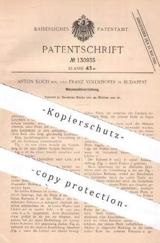 original Patent - Anton Koch & Franz Vollnhofer , Budapest Ungarn , 1901 , Münzenzählvorrichtung | Münzen , Münze , Geld