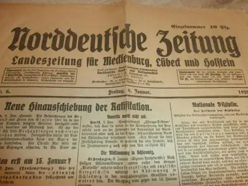 Norddeutsche Zeitung , 9.01.1920 , für Mecklenburg , Lübeck und Holstein mit Reklame / Werbung !!