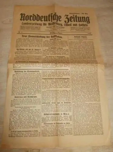 Norddeutsche Zeitung , 9.01.1920 , für Mecklenburg , Lübeck und Holstein mit Reklame / Werbung !!