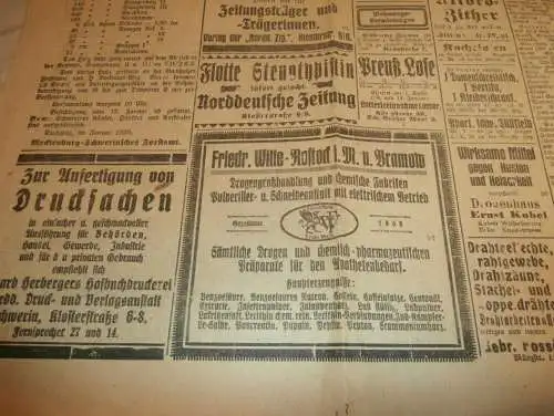 Norddeutsche Zeitung , 9.01.1920 , für Mecklenburg , Lübeck und Holstein mit Reklame / Werbung !!