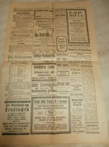 Norddeutsche Zeitung , 9.01.1920 , für Mecklenburg , Lübeck und Holstein mit Reklame / Werbung !!