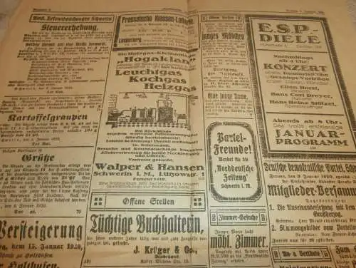 Norddeutsche Zeitung , 9.01.1920 , für Mecklenburg , Lübeck und Holstein mit Reklame / Werbung !!