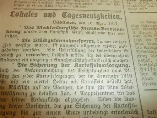 Lübtheener Nachrichten , 17.04.1917 , Lübtheen und Umgebung , Garlitz , Bandekow , Probst Jesar mit Reklame / Werbung !!