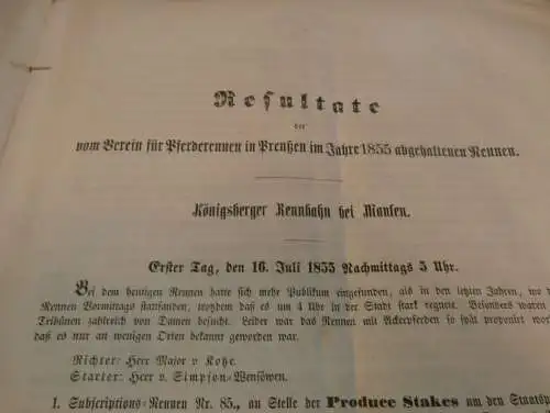 Verein für Pferderennen in Preußen / Königsberg , Mausen , Insterburg , 1856 , Prospekt  mit Mitgliederliste !!!