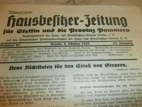 Hausbesitzer-Zeitung für Stettin und Pommern , 7.10.1938 , Juden in der Hausgemeinschaft , Reklame / Werbung !!!