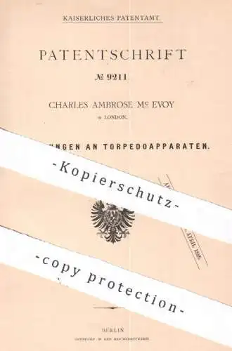 original Patent - Charles Ambrose Mc Evoy , London , England , 1879 , Torpedoapparat | Torpedo , Torpedos , Schiff !!!