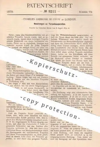 original Patent - Charles Ambrose Mc Evoy , London , England , 1879 , Torpedoapparat | Torpedo , Torpedos , Schiff !!!