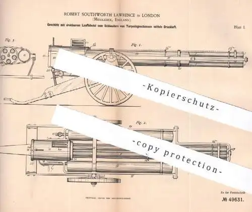 original Patent - Robert Southworth Lawrence , London , Middlesex , England | 1889 | Geschütz für Torpedo , Geschoss !!